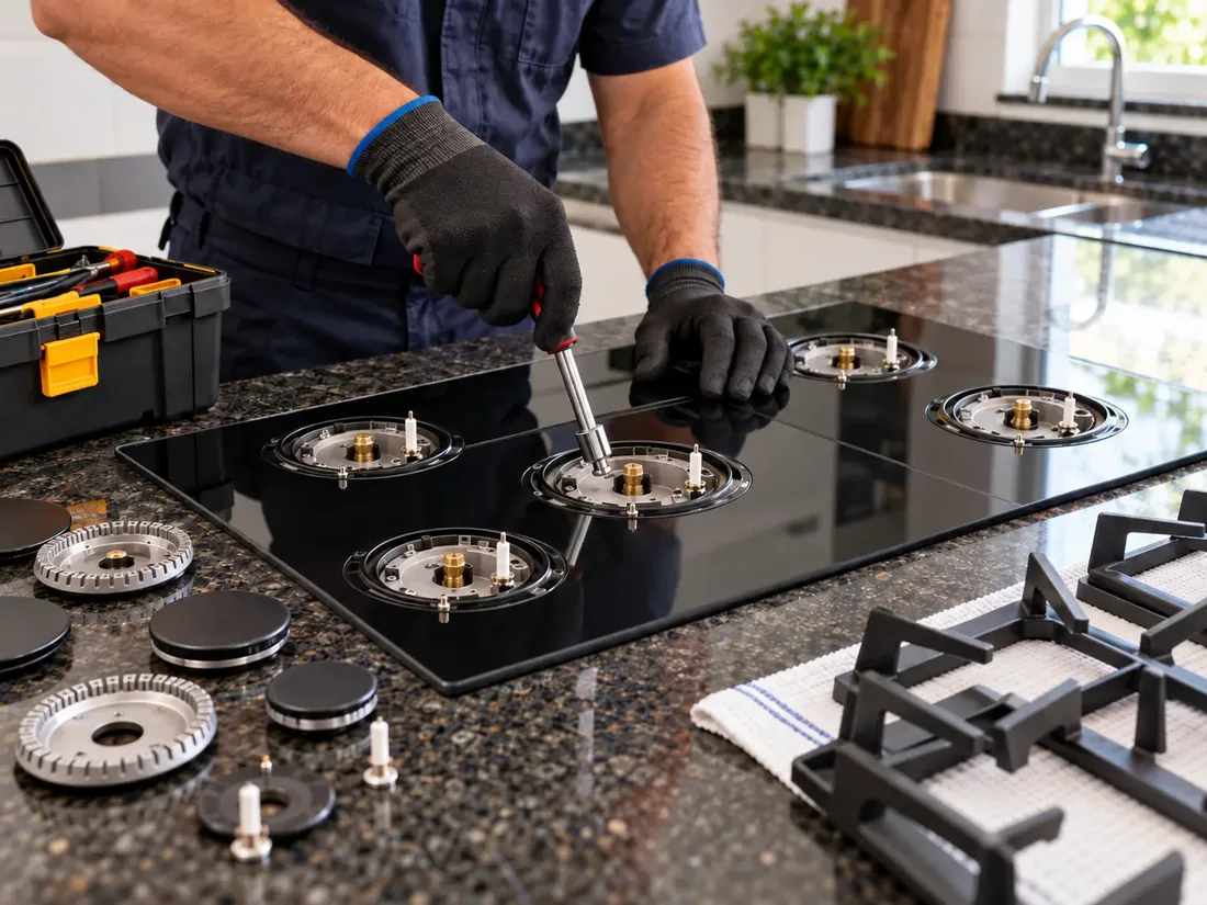 Técnico da Eletrix Consertos consertando os queimadores de um cooktop durante o conserto em São Paulo